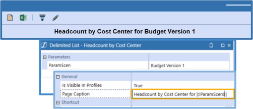 Delimited List parameter definition showing how double quotation marks display the desired report title. ""
